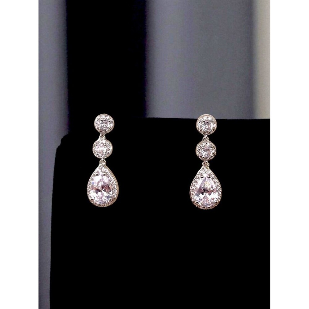 CZ Teardrop Bridal Earrings White Gold Plated Halo Wedding Formal Prom 1.25"